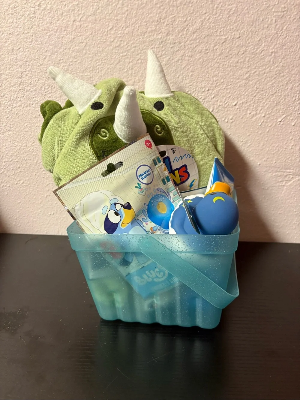 Dinosaur Bath Time Gift Basket Bluey Towel Duck Bath Toy Set